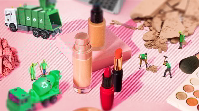 a collection of beauty products on a pink background with miniature garbage men figurines