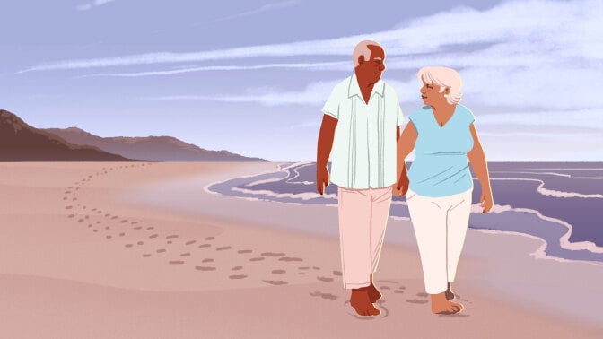 illustrated older couple walking on the beach