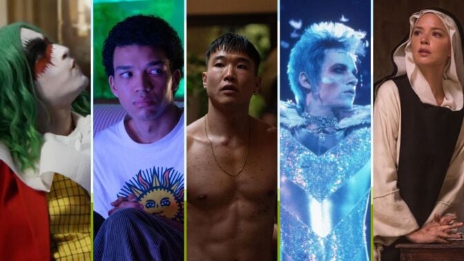 From left, a person in green hair and joker makeup; a teen looks off camera warily; a man without a shirt looks ahead; a man in sequins and feathers; a young nun