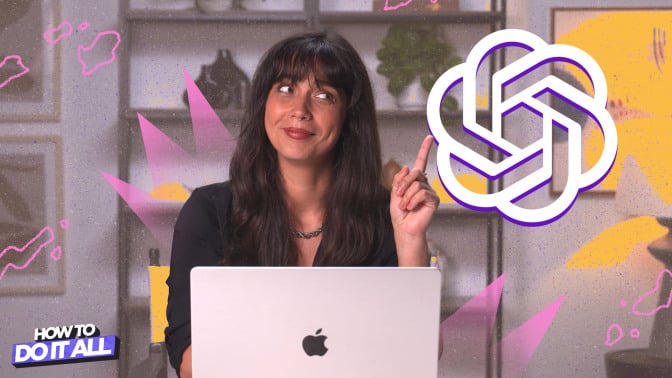 A collage shows Christianna Silva sat in front of their laptop in Mashable's studio, pointing up to white a Chat GPT logo.