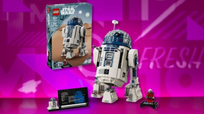 Lego Star Wars R2-D2 Brick Built Droid Figure on a purple background