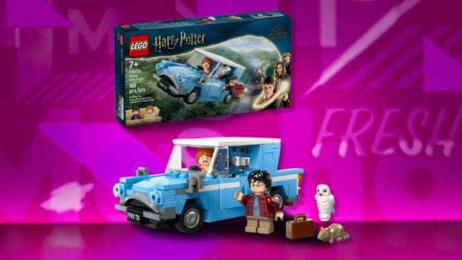 The Lego Harry Potter Flying Ford Anglia on a purple background