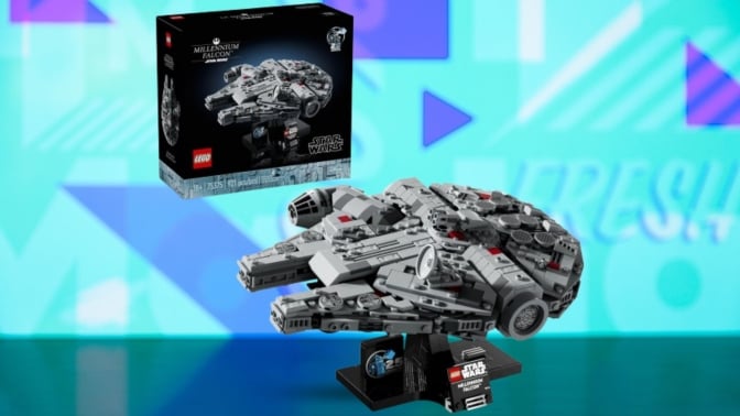 The Lego Star Wars Millennium Falcon on a blue background