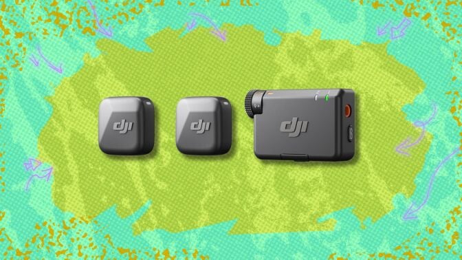 the DJI Mic Mini with one receiver and two transponders on a green background