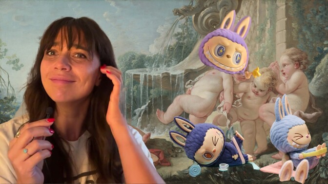 Collage of a Rococo painting mixed with labubu dolls (right) and Mashable's Cristianna Silva (left)