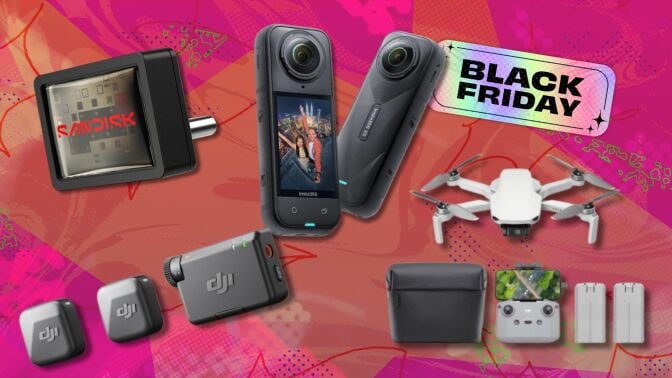 a dji drone, dji mic, insta360 camera, and sandisk drive on a pink black friday background