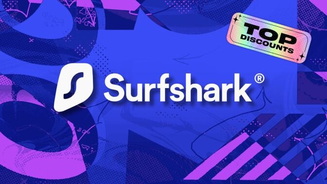 surfshark logo against a blue and purple patterned background