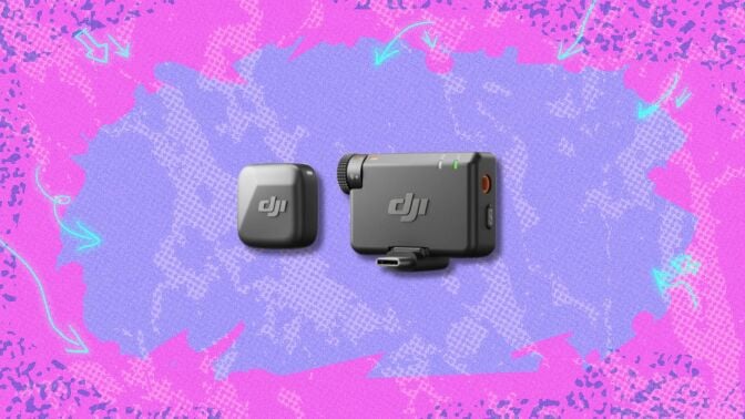 the dji mic mini on a pink and purple background