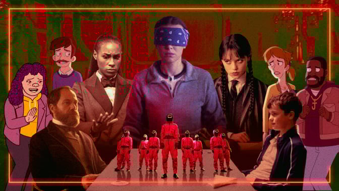 A composite of images from "Long Story Short," "Death by Lightning," "Haunted Hotel," "Black Mirror," "Squid Game," "Stranger Things," "Wednesday," and "Adolescence."