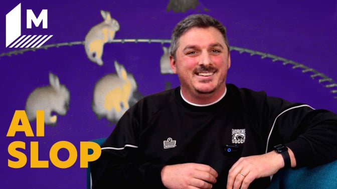 A collage shows Mashable associate editor Tim Marcin on the foreground, and a still of AI-generated rabbits jumping on a trampoline in the background. Caption reads: AI slop