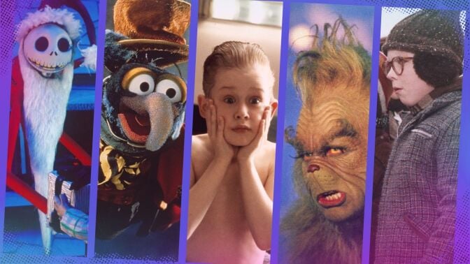 A composite of movie stills from "Nightmare Before Christmas," "A Muppet's Christmas Carol," "Home Alone," "The Grinch Who Stole Christmas," and "A Christmas Story."