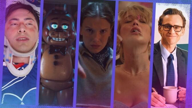 Composite of images from "Heated Rivalry," “Five Nights at Freddy’s 2,” "Stranger Things," "Die My Love," and "The Life of Chuck."