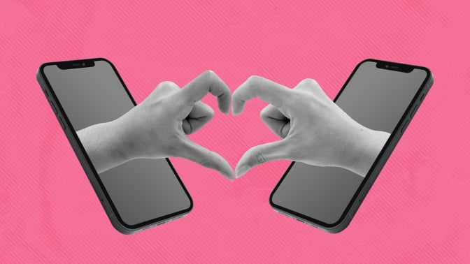 Two phones, each with a hand emerging from the screen. Both hands come together to form a heart shape.