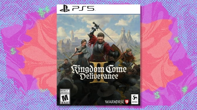 The front cover of Kingdom Come: Deliverance II on PS5 on a blue, purple, and red background