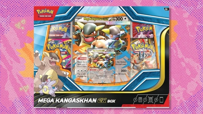 The Pokémon TCG: Mega Kangaskhan ex Box on a pink and orange background