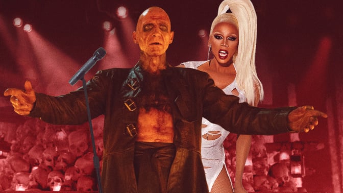 A composite image of Dr. Kelson from "28 Years Later: The Bone Temple" and RuPaul from "RuPaul's Drag Race."
