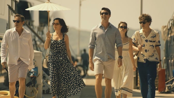 Jason Isaacs, Parker Posey, Patrick Schwarzenegger, Sarah Catherine Hook, and Sam Nivola in "The White Lotus."