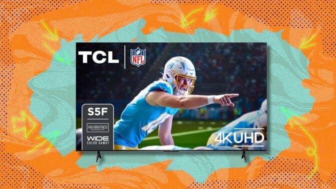 tcl 75-inch class s5 uhd 4k led smart tv against an orange and blue patterned background