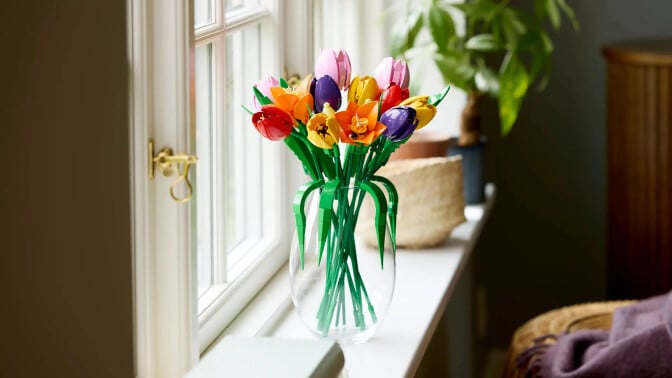 lego tulip bouquet in a vase on a windowsill