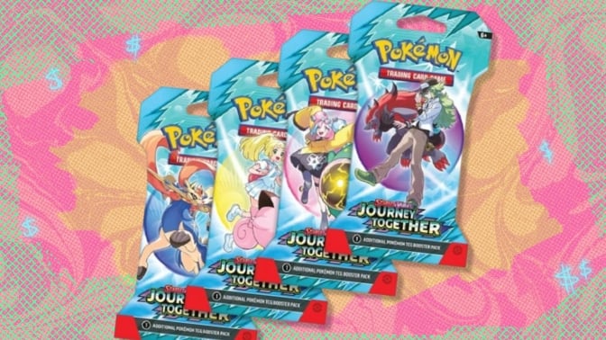 The Pokemon TCG - Scarlet & Violet: Journey Together - 8 Booster Pack Lot on a red and orange background