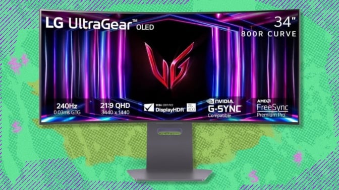 The LG 34GS95QE 34-inch Ultragear OLED Curved Gaming Monitor on a green background