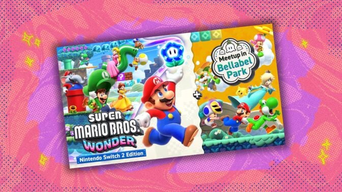 super mario bros. wonder nintendo switch 2 edition + meetup in bellabel park cover against a pink and purple patterned background