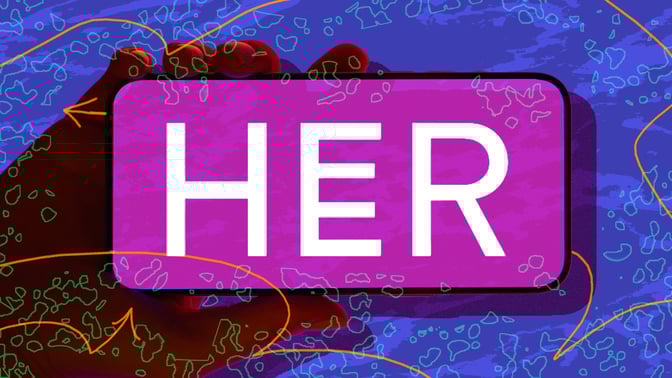 Hand holding phone with HER logo against abstract background