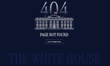 navy web page with white and blue text saying '404' 'page not found' 'go back to home page' and 'the white house' with drawing of white house