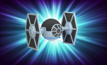 A spherical Amazon Echo Dot placed inside a Star Wars TIE Fighter-themed stand, set against a background of radiating blue and purple light bursts.