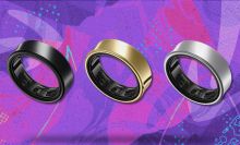 Samsung Galaxy Ring in all three color varieties with purple and pink background