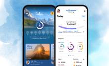 The calm and myfitnesspal app against a blue background. 
