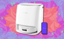 Narwal Freo Pro robot vacuum and mop on purple and orange abstract background