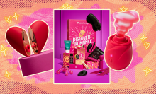 Lovehoney valentine's day sex toys against a pink and orange background. 