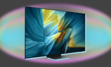 Samsung TV arranged on gray backdrop featuring colorful oval graphic