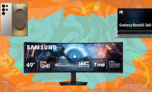 Samsung devices on orange and teal abstract background
