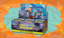 Magic: The Gathering March of the Machine booster box on teal and orange abstract background