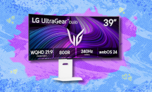 LG gaming monitor on pink and blue abstract background