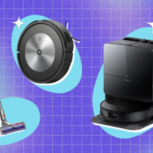 Dyson V12 Detect Slim, iRobot Roomba j7, and Roborock Saros 10R robot vacuums on blue shapes and purple backdrop