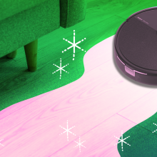 Pink and green illustration of roomba robot vacuum cleaning a floor near couch