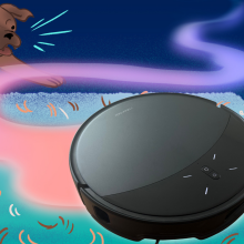 Roborock Saros 10R robot vacuum featured in illustration of carpet with dog and cat in background
