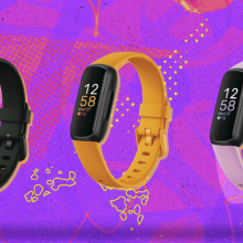 Fitbit Inspire 3 in black, yellow, and pink with colorful purple and pink background