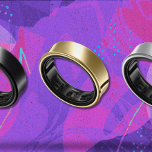 Samsung Galaxy Ring in all three color varieties with purple and pink background