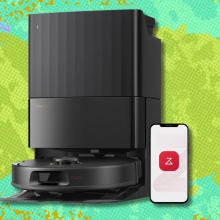 Roborock Qrevo S5V on green and mint green abstract background