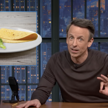 Seth Meyers presents "Late Night" beside an image of a piece of chicken, a piece of broccoli and a tortilla on a plate.