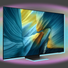 Samsung TV arranged on gray backdrop featuring colorful oval graphic