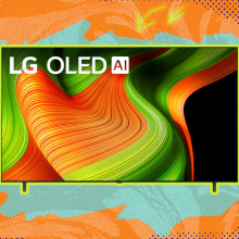 The LG 77-inch Class B5 Series OLED AI 4K UHD Smart webOS TV (2025) against an orange background.