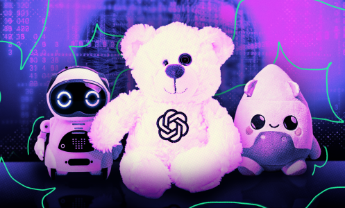 A small robot, stuffed bear with OpenAI logo, and Grok toy. 