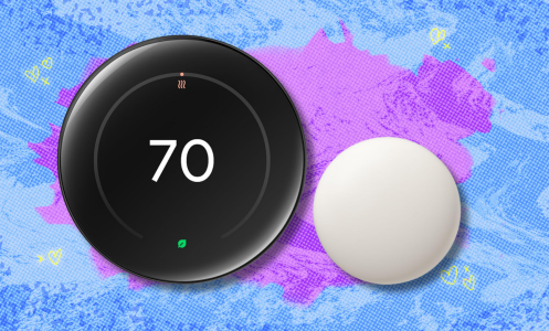 Google Nest Learning Thermostat on purple and blue abstract background