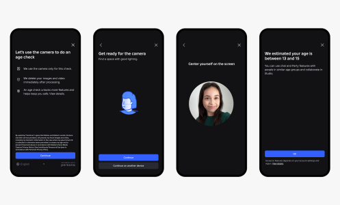 Several smartphone screens showing the steps to verify a user's age on Roblox. 