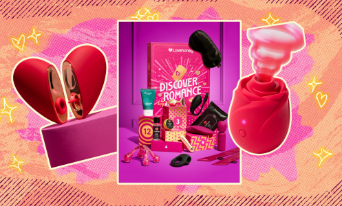 Lovehoney valentine's day sex toys against a pink and orange background. 